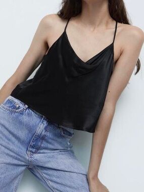 Lulu's Black Satin Cowl Cami with Spaghetti Straps